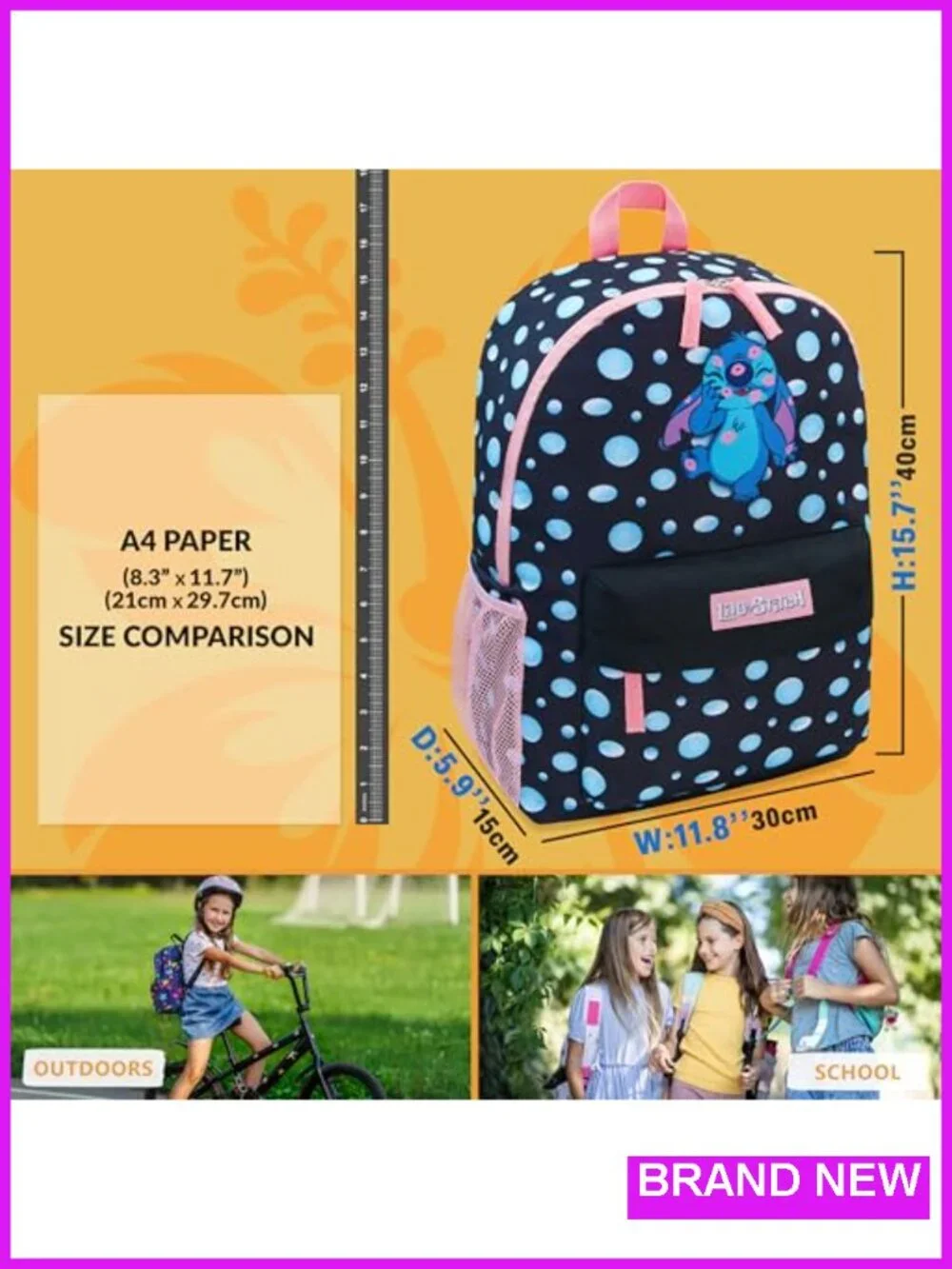 Kids Stitch Backpack for School with Padded Straps and Front Pocket